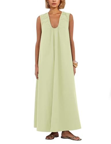 Image of Women Flowy Maxi Dress Ruched Sleeveless Long Dress Vacation Fashion Summer Casual Loose Fit Sundress with Pockets
