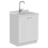 SIMPLIHOME Murphy All-in-One 28 inch Wide Utility Sink and Laundry Cabinet in Pure White Finish, Transitional ABS Sink Cabinet for Laundry Rooms with High-Arch Chrome Faucet and Pull-Out Spray