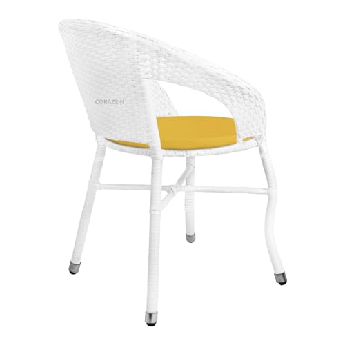 Image of Rattan Wicker Garden Patio Seating Chair and Table Set for Outdoor Balcony Garden Coffee Table Set Furniture with 1 Table and 4 Chairs with Yellow Cushion (White)