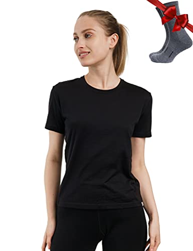 Merino.tech Merinowolle T-Shirt Damen - 100% Merinowolle Leichte Basisschicht Damen Kurzarm T-Shirt + Merinowolle Wandersocken (Large, Black Crewneck)