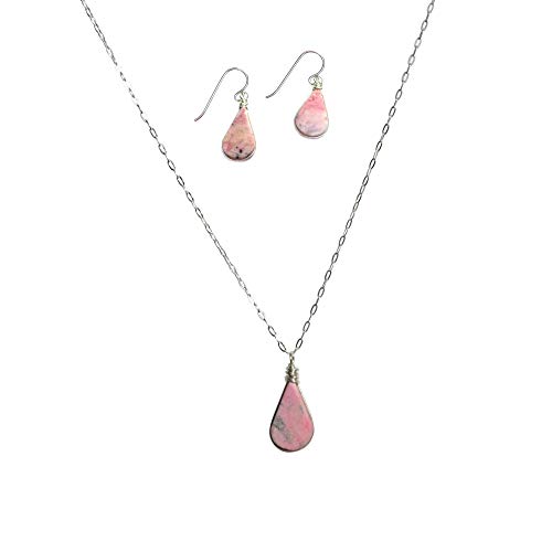 Rhodonite Pink Stone Jewelry Set Sterling Silver- Handmade Pink Dangle Earrings and Necklace Teardrop Pendant Pink Stone Gift Set for Women Wife Daughter Mom Mothers Day by Rumi Sumaq