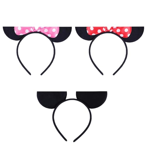 CORTNEY 3 Pcs Mickey Mouse Ears, Black Mickey Mouse Ears and Minnie Mouse Ears Birthday Party Accessories, Mickey Ears for Adults/Children Fancy Dress Costume Head Band Accessory Party Decoration Gift