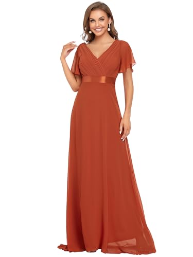 Ever-Pretty Robe De Soirée Style Long Manches Volantées Col en V Jupe Trapèze Robe Femme Chic Et Elegant Orange Caramel 42
