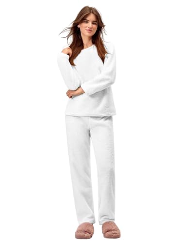 Image of KOTTY Girls White Winter Set Warm Fleece Cozy Full Sleeve Top and Pant Set