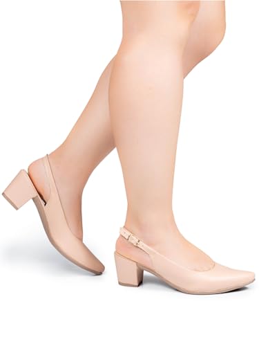 Sapato Scarpin Feminino Slingback Salto Grosso Aberto Atras Confortavel Via Angel 78.01 (Nude, BR, A