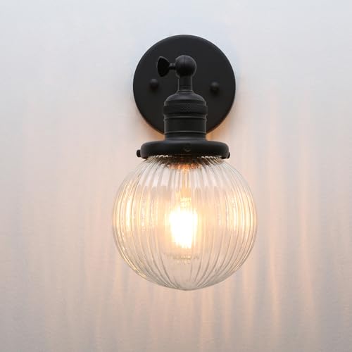 Image of Phansthy 1-Light Wall Sconce, Brass Boho Bathroom Vanity Light, Modern Wall Light with Globe Glass Shade E26 Base, Adjustable Wall Lighting Fixtures for Bedroom, Living Room (Black, Striped Shade)