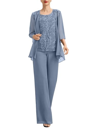 Women's 3 Pcs Mother of The Bride Pantsuits with Jacket Lace Applique Formal Pant Suit with Sleeves