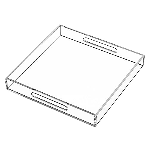 HIIMIEI Acrylic Serving Tray 12x12 Inches / 30x30 CM - Spill-Proof - Clear Decorative Tray Organiser for Ottoman Coffee Table Countertop with Handles