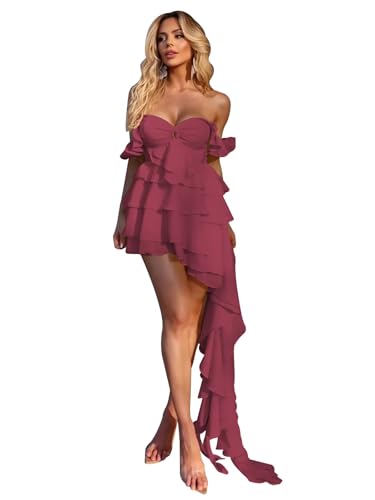 Ruffle Chiffon Homecoming Dresses Tiered Strapless Short Prom Dress with Train Wedding Party Gown