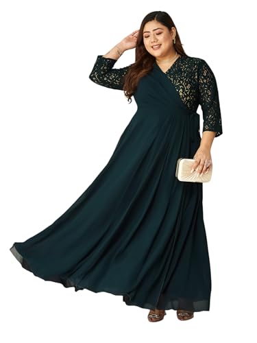 Image of Miss Chase A+ Women's Floral Printed Relaxed Fit V -Neck 3 /4Th Sleeve Georgette Maxi Dress