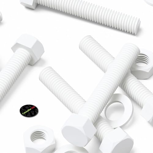 Image of 10x White Hexagon Head Polypropylene (PP) Plastic Nuts & Bolts, Washers, M10 x 60 mm, (25 /64 x 2-23 /64 in)