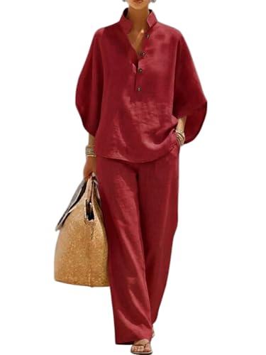 Conjunto de lino y algodón para mujer con camiseta de cuello V y pantalón ancho