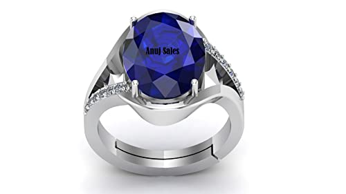 Anuj Sales Bague non chauffée non chauffée non traitée 12,00 carats de qualité AAA+ saphir bleu naturel Neelam plaqué argent pierre précieuse réglable...
