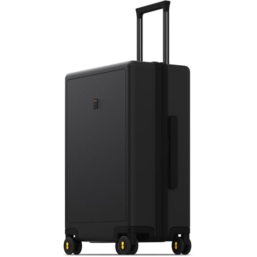 LEVEL8 Checked Luggage 24 Inch Suitcase Hand Luggage Lightweight 100% PC Micro-Diamond Textured Design, Medium Size with Wheels, TSA Approved Hard Shell(66cm, 65L,Black)