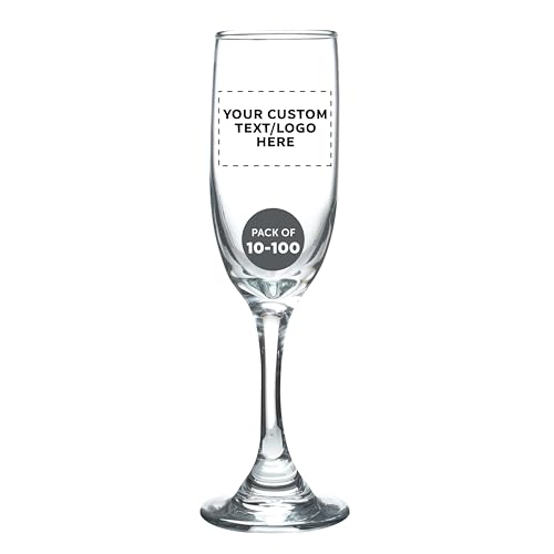 DISCOUNT PROMOS Custom Premiere Champagne Flutes 6.25 oz. Set of 10/50/100, Personalized Bulk Pack - Elegant Drinkware for Weddings, Events, & Promotional Gifts - Clear