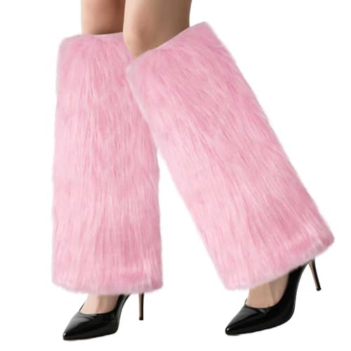 COUZEYIN Women Faux Fur Fluffy Leg Warmers Fuzzy Long Boot Covers Furry for Christmas Costume (Pink)
