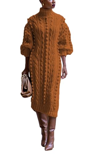 Women's Cable Knit Sweater Midi Dress Turtleneck Long Sleeve Loose Tunic Plus Size Split Sweater Dresses for Fall