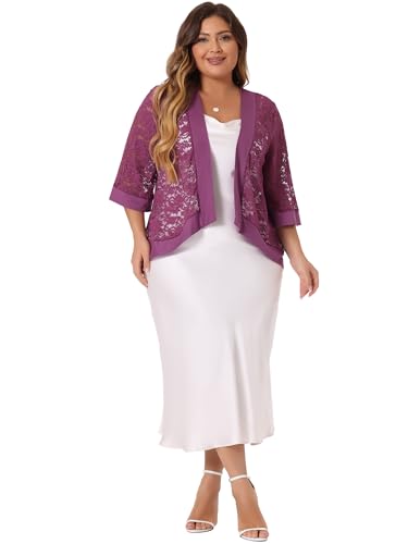 Image of Agnes Orinda Plus Size Cardigans for Women 3 /4 Sleeve Open Front Lightweight Sheer Shrug Lace Bolero Cover Up 3X Purple