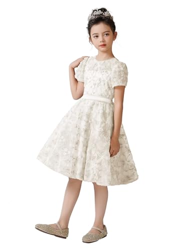 dideyttawl Short Flower Girls Dress A-Line 3D Embroidery Tulle High-Waisted Elegant Knee Length Lace Dress 754S