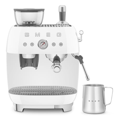 Image of Smeg EGF03 Semi-Automatic Espresso Machine with Built-In Grinder, Dual Thermoblock, 50's Retro Style - White (120 V)