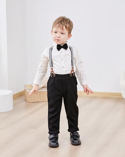 Image of ZOEREA Toddler Boy Suit Formal Wedding Outfits Gentleman Clothes Long Sleeve Shirt + Suspender Pants + Bowtie