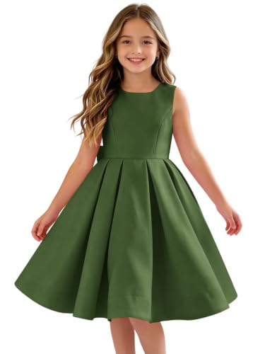 Heineyo Bowknot Satin Junior Bridesmaid Dress Girls Short Backless Spaghetti Strap Evening Party Ball Gown Wedding Olive Green A-Line Sleeveless Flower Girl Dresses US14