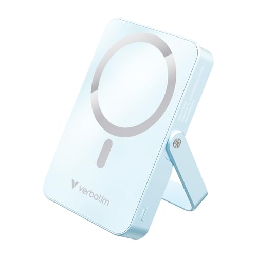 Verbatim Charge 'n' Go MagSafe Powerbank 10 000 mAh Bleu 15 W magnétique – Fonction de Charge Rapide PD 22 W Affichage LED et Support Pliable pour iPhone 16/15/14/13/12 Pro/Pro Max – Câble USB-C