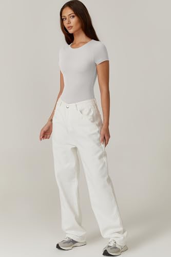 Image of QINSEN Women's Crew Neck Short Sleeve Bodysuit Double Lined Body Suits Basic T-shirt Tops