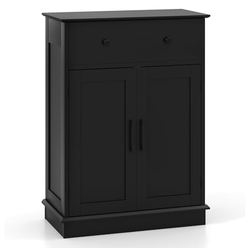 GIANTEX Badezimmerschrank, Badschrank mit 2 Schubladen & verstellbarem Regal, Aufbewahrungskommode mit Kippschutz, 56 x 30 x 80 cm Beistellschrank für Wohnzimmer & Schlafzimmer (Schwarz)