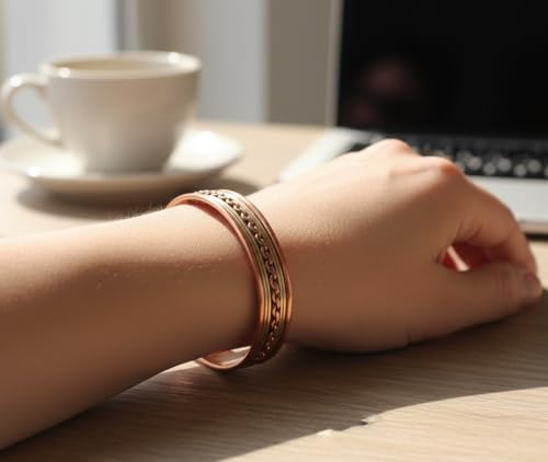 Image of Touchstone Copper Magnetic Hand Forged With Solid And High Gauge Tibetan Style Chains Pattern Minimalistic Elegance Pure Copper Bracelet In Two Tones.
