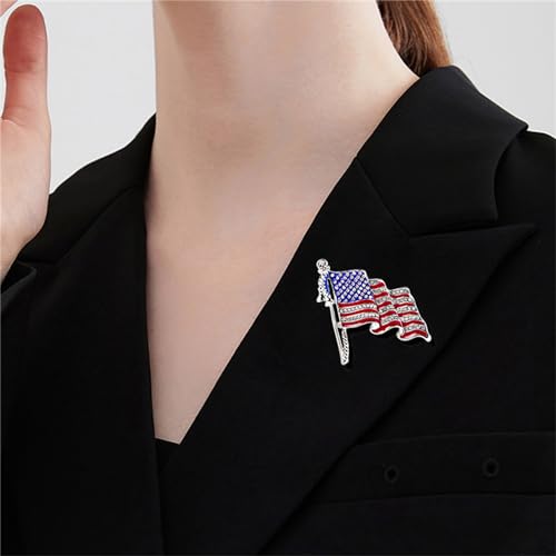 Image of Rhinestone Waving USA Flag Brooch Pin for Men Women Silver Tone Fashion Crystal 4th of July American Patriotic Medal Blue Red Enamel Brooches Dress Accessories Veterans Independence Memorial Day Jewelry