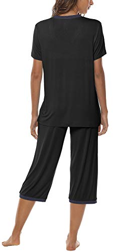 Image of JINSHI Women's Pajamas Set Short Sleeve Top and Capri Pants Lightweight Sleepwear Comfy Pjs Lounge Set with Pockets