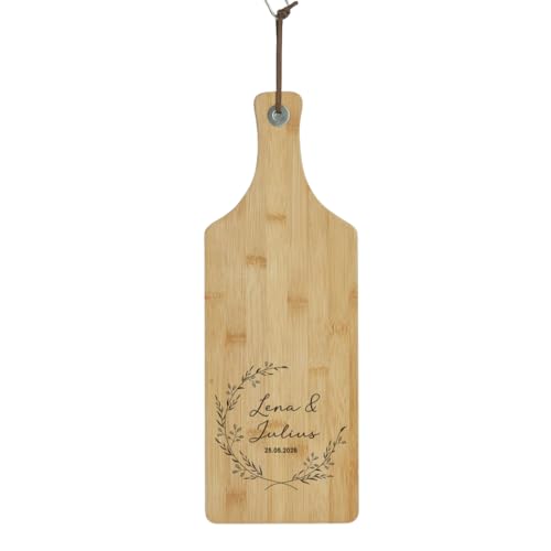 Schneidebrett personalisiert Hochzeit Bambus Holzbrett mit Gravur Hochzeitsgeschenk mit Namen Geschenk Brautpaar schmal (Blumenkranz Kurz/Schmal)