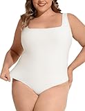 FOREYOND Women's Plus Size Square Neck Thong Bodysuit - Breathable Soft Sleeveless Tank Top White 2XL