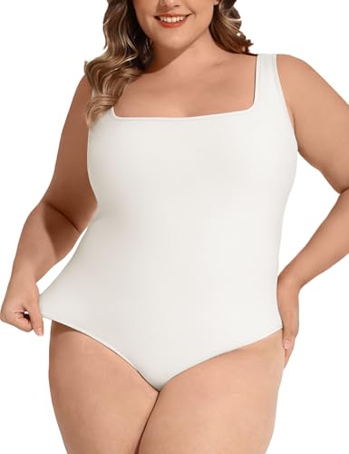 FOREYOND Women's Plus Size Square Neck Thong Bodysuit - Breathable Soft Sleeveless Tank Top White 2XL