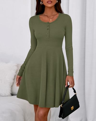 Image of BTFBM Casual Fall Dresses for Women 2025 Long Sleeve Ribbed Button Down Empire Waist A Line Winter Wedding Guest Dress