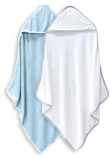 Image of 2 Pack Baby Bath Towel - Rayon Made from Bamboo, Ultra Soft Hooded Towels for Babies,Toddler,Infant - Newborn Essential -Perfect Baby Registry Gifts for Boy Girl - Blue and White