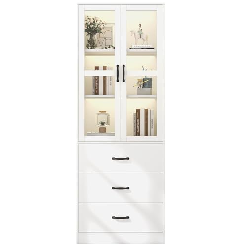 DHWDS Bibliothèque/Armoire de Rangement Vitrée avec Éclairage LED - 200 cm, Portes Acrylique, 3 Tiroirs, Étagères Réglables - Multifonction pour Salon,...