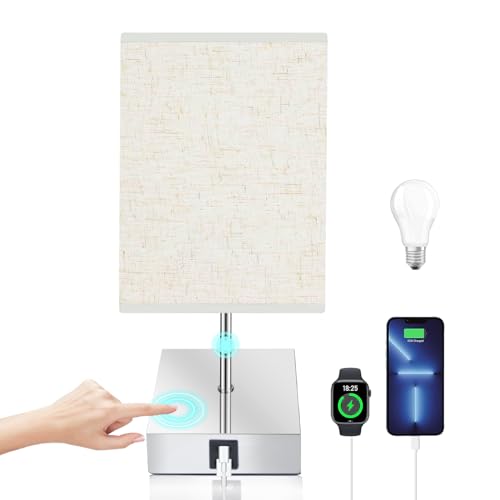 Aurorast Touch Control Bedside Lamp, 3-Way Dimmable Table Lamps Nightstand Lamps with USB A+C Charging Ports for Bedroom Living Room and Office (E27 LED Bulb Included)