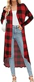 POGTMM Women's Casual Long Open Front Drape Lightweight Duster High Low Hem Maxi Long Sleeve Cardigan (S-3XL), Z-red Plaid, 8-10