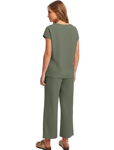 Image of Saloogoe Two Piece Sets for Women Summer Outfits Lounge Sets V Neck Tops Wide Leg Pants Woman Vacation Travel Outfits