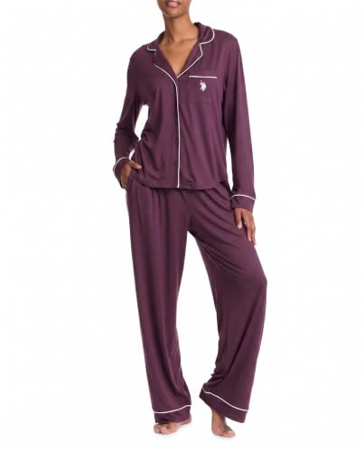 Image of U.S. POLO ASSN. Womens Lightweight Notch Collar Pajama Set | Classic Button Down Pajamas for Women with Long Sleeve Top and Pajama Pants