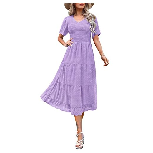Maggeer 2023 Womens Casual Beach Summer Dresses Modest Smocked Tiered Ruffle Cute Chiffon Boho Flowy V Neck A line Flutter Short Sleeve Swiss Dot Midi Dress Lavender XL