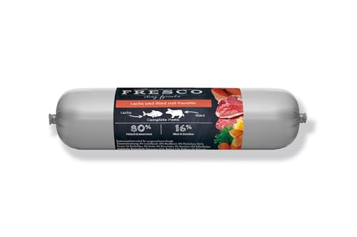 Fresco Dog Barf Wurst Complete-Menü Lachs und Rind mit Karotte | 3er Pack | 3 x 400 g | Futtermittel für Hunde mit Lachs und Rind mit Karotte | Enthält Omega-3-Fettsäuren