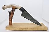 Flint Knapped Burns Green Obsidian Knife Blade using Pressure Flake Techniques Hafted on Deer Antler Handle Using Imitation Sinew-Includes Quaking Aspen Wood Stand