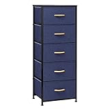 Pellebant Dresser for Bedroom with 5 Drawers, Tall Dresser Vertical Storage Tower, Sturdy Metal Frame, Fabric Storage Bins with Wooden Handle and Wooden Top, Organizer Unit for Closet/Hallway, Blue