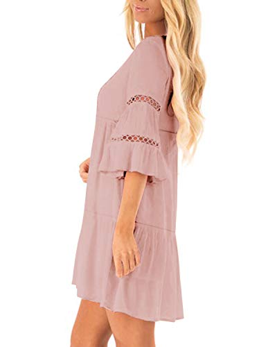Zanzea Women Tunic Dress 3/4 Ruffle Bell Sleeve Cocktail A-Line Party Casual Mini Dress Loose Flowy Swing Shift Dress Pink S #TOP1