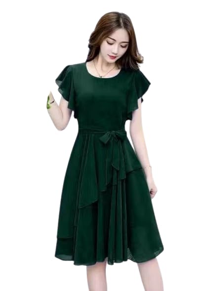 Women Solid Knee Length Fit and Flare A-line Georgette Dress-image-17