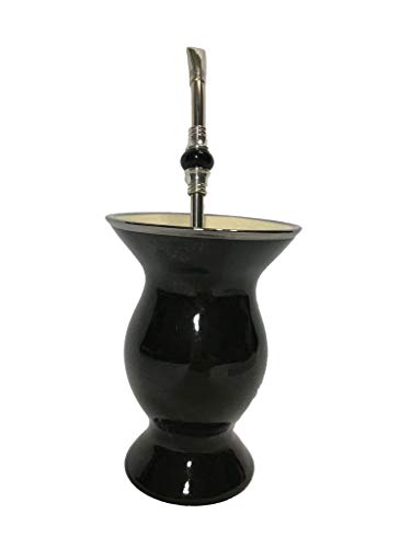 Kit Chimarrão cuia preta cerâmica e bomba inox pedra
