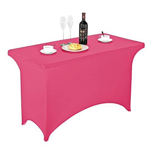 Image of FORLIFE Spandex Table Cover - Fitted 4ft Rectangular Tablecloth, Stretch Patio Table Cover for Wedding, Banquet, Party - Hot Pink